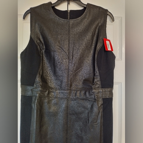 SPANX Faux Leather Combo Fitted Sheath Stretch Dress Luxe Black Size Large - Picture 5 of 13